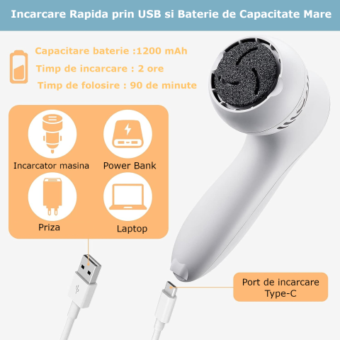 Pila Electrica pentru Talpi si Calcaie Clavi, cu 18 accesorii, Indepartare Piele Moarta si Bataturi, Afisaj Digital, Incarcare USB, Alb [5]