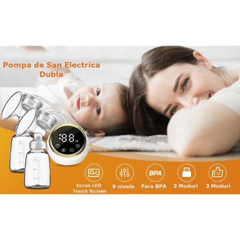 Pompa de San Electrica Dubla, Clavi, cu 2 Biberoane, Functie de Masaj, Afisaj Digital, 9 Nivele de Aspiratie, Fara BPA, Portabila, Alba [1]