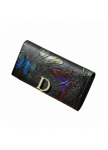 Fashion - Portofel Dama Clavi, Piele Naturala, Imprimare 3D Fluturi, Negru, 19x9.5x2.5 cm