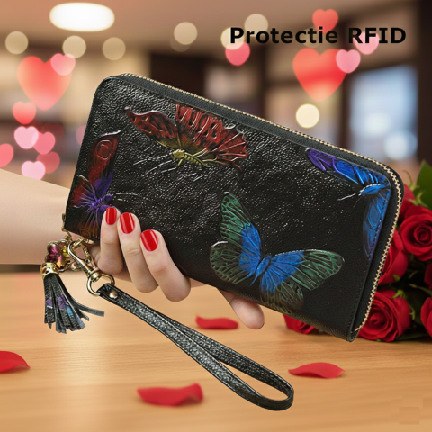 Portofel Dama din Piele Naturala Clavi, Design Elegant cu Fluturi 3D in Relief, Protectie RFID, Compartimentat & Spatios, Negru - Ideal Cadou [1]