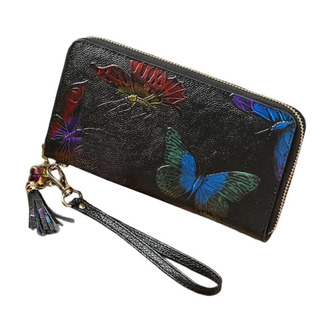 Fashion - Portofel Dama din Piele Naturala Clavi, Design Elegant cu Fluturi 3D in Relief, Protectie RFID, Compartimentat & Spatios, Negru - Ideal Cadou