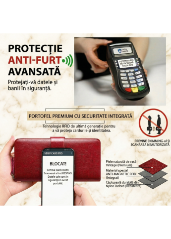 Portofel Dama, din Piele Naturala Clavi, Protectie Anti-Furt RFID, Design Elegant si Incapator, Multiple Compartimente Carduri, Curea Detasabila, Cutie Cadou Inclusa, 19.5 x 9.5 x 3 cm, Rosu Burgundy [5]