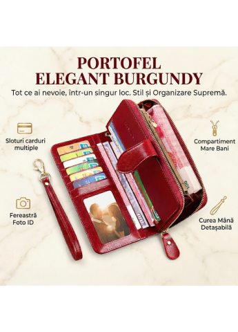Portofel Dama, din Piele Naturala Clavi, Protectie Anti-Furt RFID, Design Elegant si Incapator, Multiple Compartimente Carduri, Curea Detasabila, Cutie Cadou Inclusa, 19.5 x 9.5 x 3 cm, Rosu Burgundy [4]