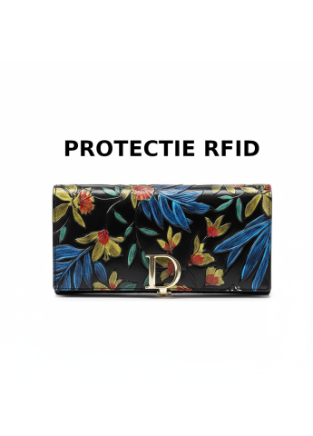 Portofel Dama Piele Naturala Clavi, Elegant, Imprimare 3D cu Flori, Protectie RFID, Ideal pentru Cadou, 19x9.5x2.5 cm [3]