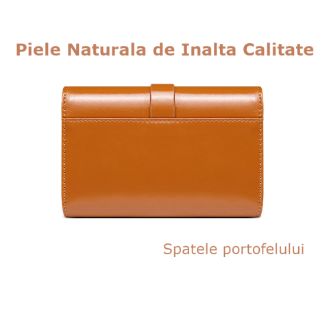Portofel de Dama Din Piele Naturala, Clavi, Compact, Design Vintage, Blocare RFID, 9x14x3cm, Maro [2]
