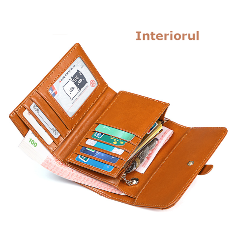 Portofel de Dama Din Piele Naturala, Clavi, Compact, Design Vintage, Blocare RFID, 9x14x3cm, Maro [3]