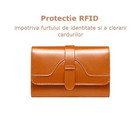 Portofel de Dama Din Piele Naturala, Clavi, Compact, Design Vintage, Blocare RFID, 9x14x3cm, Maro [1]