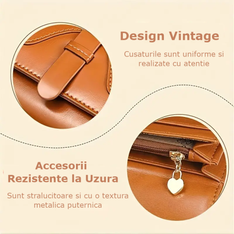 Portofel de Dama Din Piele Naturala, Clavi, Compact, Design Vintage, Blocare RFID, 9x14x3cm, Maro [6]