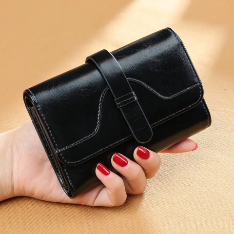 Portofel de Dama Din Piele Naturala, Clavi, Compact, Design Vintage, Blocare RFID, 9x14x3cm, Negru [1]