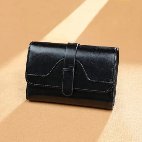 Portofel de Dama Din Piele Naturala, Clavi, Compact, Design Vintage, Blocare RFID, 9x14x3cm, Negru [2]