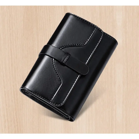 Portofel de Dama Din Piele Naturala, Clavi, Compact, Design Vintage, Blocare RFID, 9x14x3cm, Negru [3]