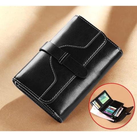 Portofel de Dama Din Piele Naturala, Clavi, Compact, Design Vintage, Blocare RFID, 9x14x3cm, Negru [4]