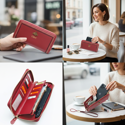 Portofel de Dama din Piele Naturala Clavi, cu Accesoriu, Spatios, cu Protectie RFID, Dimensiuni 20x10.5x3.5 cm, Rosu [5]