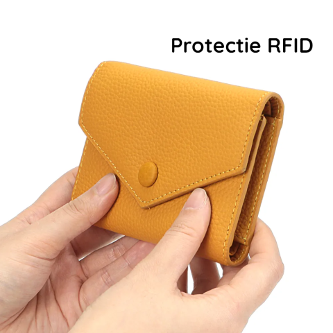 Portofel de Dama din Piele Naturala Clavi, Moale, Delicat, Protectie RFID, Mini Clutch Scurt, Dimensiuni 12x9x3 cm, Galben [2]