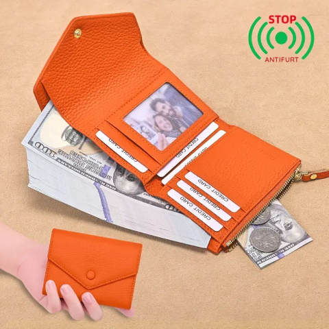 Portofel de Dama din Piele Naturala Clavi, Moale, Delicat, Protectie RFID, Mini Clutch Scurt, Dimensiuni 12x9x3 cm, Portocaliu [2]