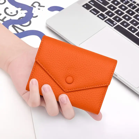 Portofel de Dama din Piele Naturala Clavi, Moale, Delicat, Protectie RFID, Mini Clutch Scurt, Dimensiuni 12x9x3 cm, Portocaliu [1]
