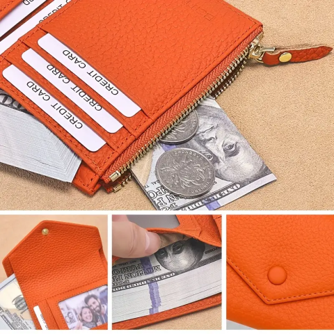 Portofel de Dama din Piele Naturala Clavi, Moale, Delicat, Protectie RFID, Mini Clutch Scurt, Dimensiuni 12x9x3 cm, Portocaliu [3]