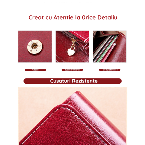 Portofel de Dama din Piele Naturala Clavi, Spatios, cu Model, Tip Clutch, cu Protectie RFID, Dimensiuni 19.5x9.5x3 cm, Rosu Grena [7]