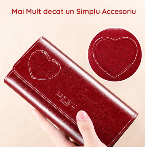 Portofel de Dama din Piele Naturala Clavi, Spatios, cu Model, Tip Clutch, cu Protectie RFID, Dimensiuni 19.5x9.5x3 cm, Rosu Grena [3]