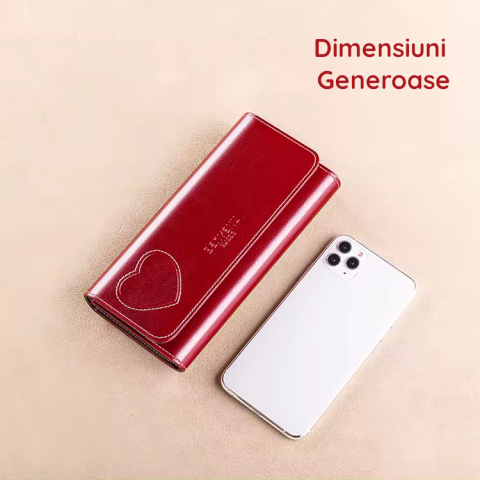 Portofel de Dama din Piele Naturala Clavi, Spatios, cu Model, Tip Clutch, cu Protectie RFID, Dimensiuni 19.5x9.5x3 cm, Rosu Grena [4]