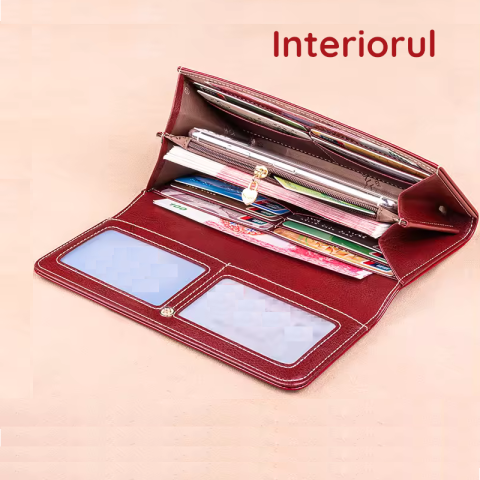 Portofel de Dama din Piele Naturala Clavi, Spatios, cu Model, Tip Clutch, cu Protectie RFID, Dimensiuni 19.5x9.5x3 cm, Rosu Grena [1]
