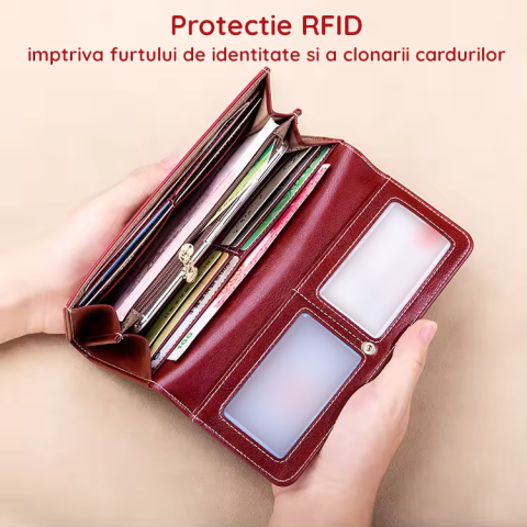 Portofel de Dama din Piele Naturala Clavi, Spatios, cu Model, Tip Clutch, cu Protectie RFID, Dimensiuni 19.5x9.5x3 cm, Rosu Grena [2]