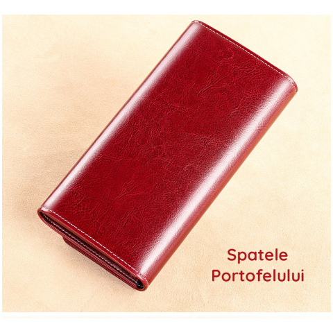 Portofel de Dama din Piele Naturala Clavi, Spatios, cu Model, Tip Clutch, cu Protectie RFID, Dimensiuni 19.5x9.5x3 cm, Rosu Grena [5]