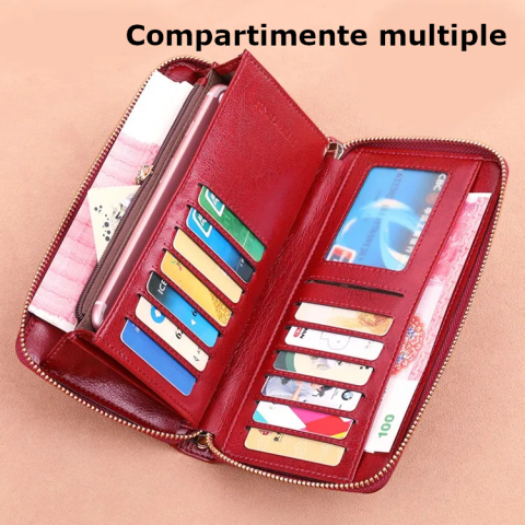 Portofel de Dama din Piele Naturala Clavi, spatios, cu protectie RFID, Dimensiuni 20x10.5x2.5 cm, Rosu Grena [3]