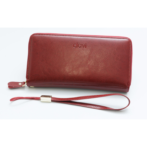 Fashion - Portofel de Dama din Piele Naturala Clavi, spatios, cu protectie RFID, Dimensiuni 20x10.5x2.5 cm, Rosu Grena