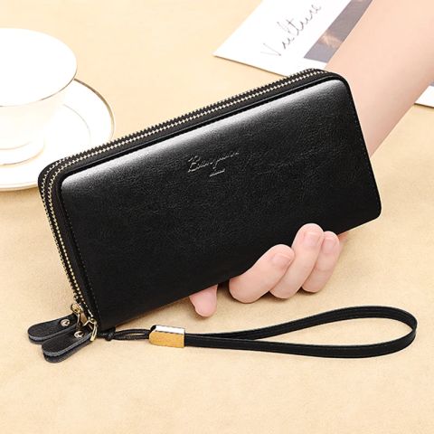 Portofel de Dama din Piele Naturala Clavi, Spatios, cu Protectie RFID, Fermoar Dublu, Dimensiuni 20x10 x4 cm, Negru [2]