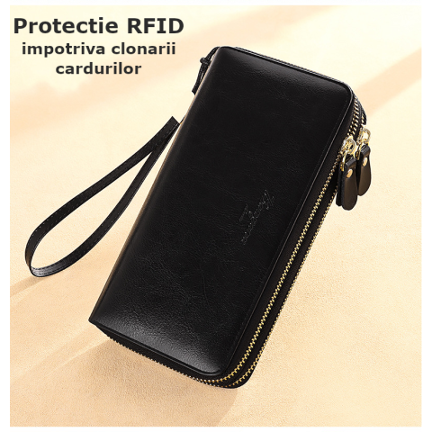 Portofel de Dama din Piele Naturala Clavi, Spatios, cu Protectie RFID, Fermoar Dublu, Dimensiuni 20x10 x4 cm, Negru [1]