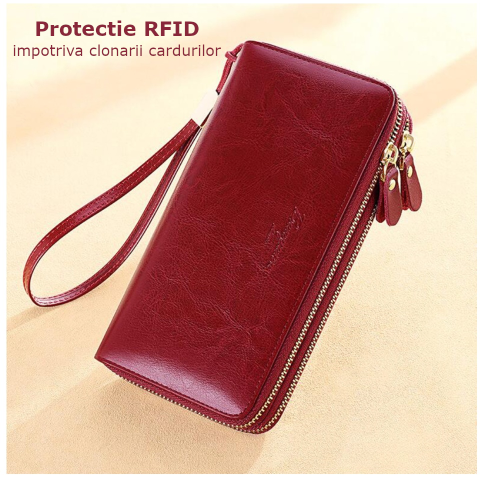 Portofel de Dama din Piele Naturala Clavi, Spatios, cu Protectie RFID, Fermoar Dublu, Dimensiuni 20x10 x4 cm, Rosu Grena [3]