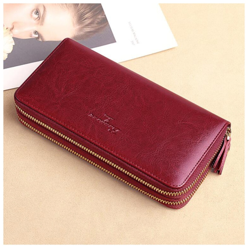 Portofel de Dama din Piele Naturala Clavi, Spatios, cu Protectie RFID, Fermoar Dublu, Dimensiuni 20x10 x4 cm, Rosu Grena [2]