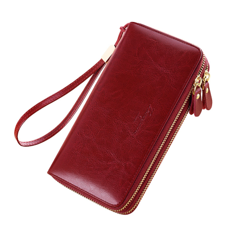Fashion - Portofel de Dama din Piele Naturala Clavi, Spatios, cu Protectie RFID, Fermoar Dublu, Dimensiuni 20x10 x4 cm, Rosu Grena