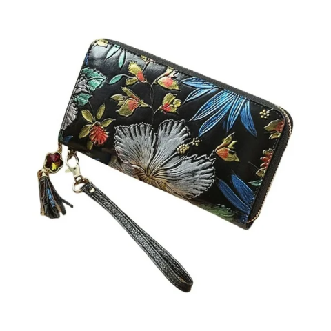 Fashion - Portofel de Dama din Piele Naturala Clavi, Spatios, Imprimare Tridimensionala cu Flori, cu Protectie RFID, Dimensiuni 20x10.5x2.5 cm, Negru