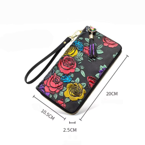 Portofel de Dama din Piele Naturala Clavi, Spatios, Imprimare Tridimensionala cu Trandafiri, cu Protectie RFID, Dimensiuni 20x10.5x2.5 cm, Negru [8]