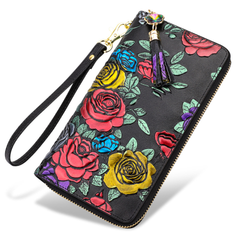 Portofel de Dama din Piele Naturala Clavi, Spatios, Imprimare Tridimensionala cu Trandafiri, cu Protectie RFID, Dimensiuni 20x10.5x2.5 cm, Negru [4]