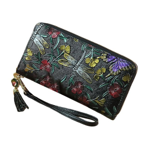 Fashion - Portofel de Dama din Piele Naturala Clavi, Spatios, Imprimare Tridimensionala Libelula si Fluturi, cu Protectie RFID, Dimensiuni 20x10.5x2.5 cm, Negru