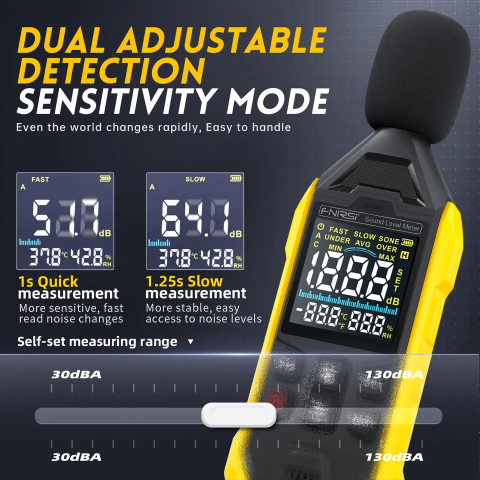 Sonometru digital FNIRSI FDM01, aparat pentru masurarea sunetului si a zgomotului intre 30 si 130dB, decibelmetru, dispay LCD iluminat, portabil, precis, compact [5]