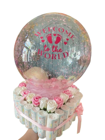 CADOURI NOU NĂSCUT - Tort din pampersi cu balon bobo personalizat