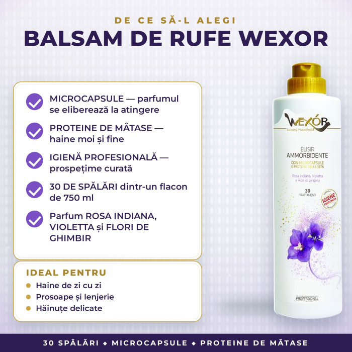 BALSAM DE RUFE PROFESIONAL cu MICROCAPSULE și PROTEINE DE MĂTASE, parfum ROSA INDIANA & VIOLETTA – Wexor, 30 SPĂLĂRI, 750 ml [3]