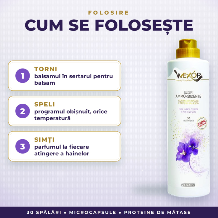 BALSAM DE RUFE PROFESIONAL cu MICROCAPSULE și PROTEINE DE MĂTASE, parfum ROSA INDIANA & VIOLETTA – Wexor, 30 SPĂLĂRI, 750 ml [2]