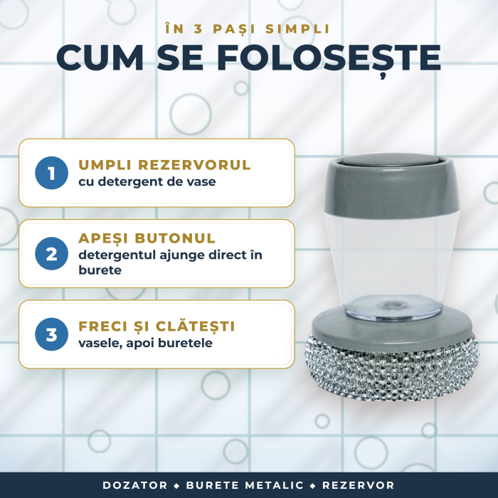 Burete metalic pentru vase cu rezervor de detergent și buton de dozare [2]