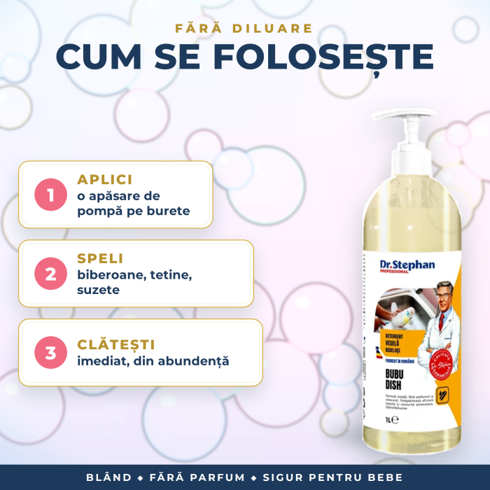DETERGENT BIBEROANE și VESELĂ BEBELUȘI, FĂRĂ PARFUM și FĂRĂ COLORANȚI, pH NEUTRU – Dr. Stephan Bubu Dish, gata de utilizare, cu POMPIȚĂ, 1 L [2]