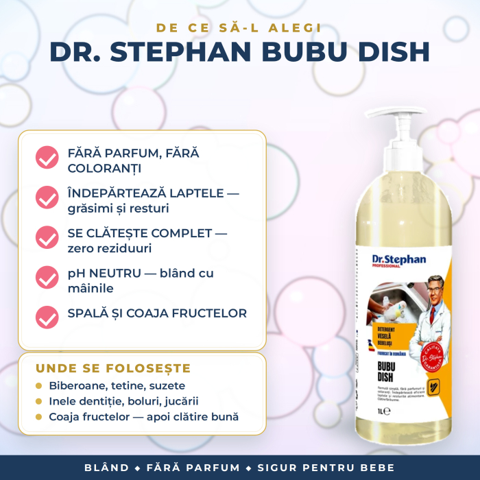 DETERGENT BIBEROANE și VESELĂ BEBELUȘI, FĂRĂ PARFUM și FĂRĂ COLORANȚI, pH NEUTRU – Dr. Stephan Bubu Dish, gata de utilizare, cu POMPIȚĂ, 1 L [3]