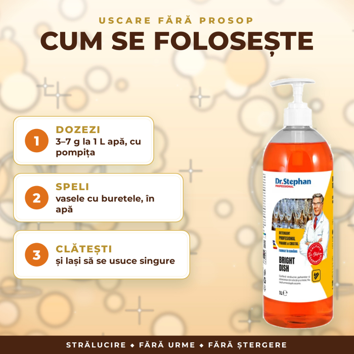 DETERGENT PAHARE, STICLĂ și CRISTAL, FĂRĂ URME, USCARE fără ȘTERGERE – Dr. Stephan Bright Dish, DOZAJ 3–7 g/1 L apă, cu POMPIȚĂ, 1 L [2]