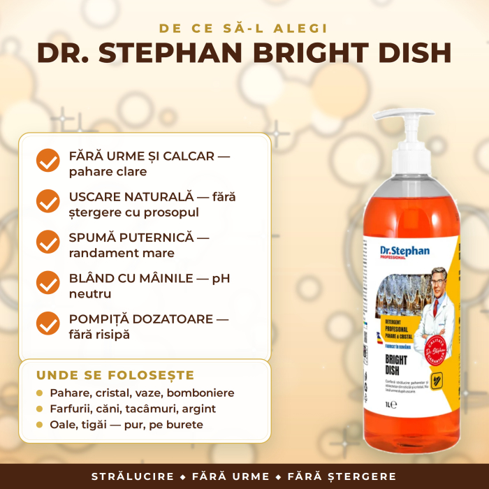 DETERGENT PAHARE, STICLĂ și CRISTAL, FĂRĂ URME, USCARE fără ȘTERGERE – Dr. Stephan Bright Dish, DOZAJ 3–7 g/1 L apă, cu POMPIȚĂ, 1 L [3]