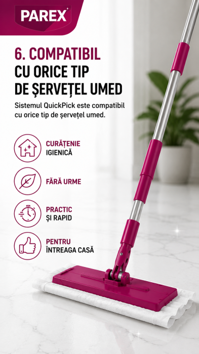 Mop cu Prindere Rapida PAREX QuickPick cu dimensiunea 25x11cm+ 10 servetele umede pentru curatare [8]