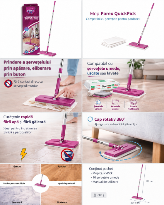 Mop cu Prindere Rapida PAREX QuickPick cu dimensiunea 25x11cm+ 10 servetele umede pentru curatare [7]