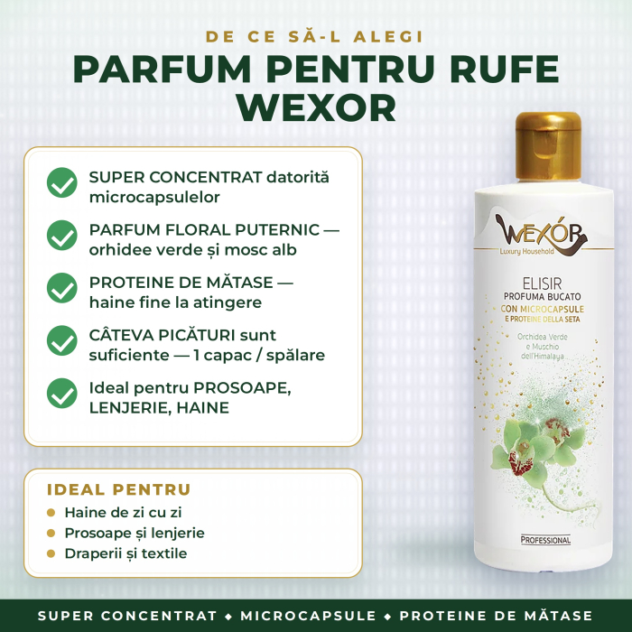 PARFUM PENTRU RUFE SUPER CONCENTRAT cu MICROCAPSULE și PROTEINE DE MĂTASE, ORHIDEE VERDE & MOSC ALB – Wexor, DOZAJ 1 capac (6 ml)/spălare, 200 ml [3]